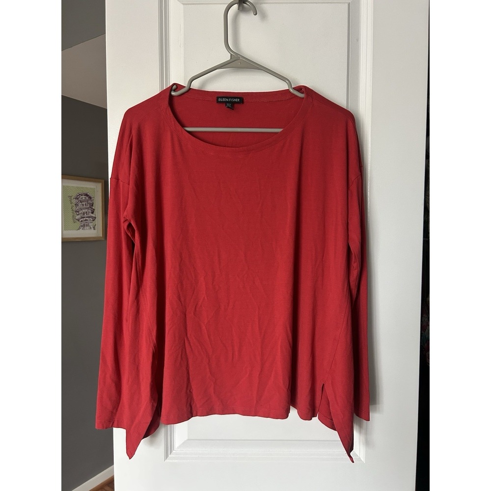 Eileen Fisher Red Jersey Tunic Top Asymmetric Hem 3/4 Sleeve Stretch Size XS